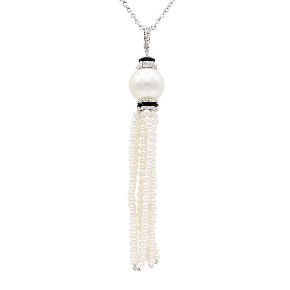 18K White Gold South Sea Pearl Onyx Pendant, 14-15mm, 0.8ct