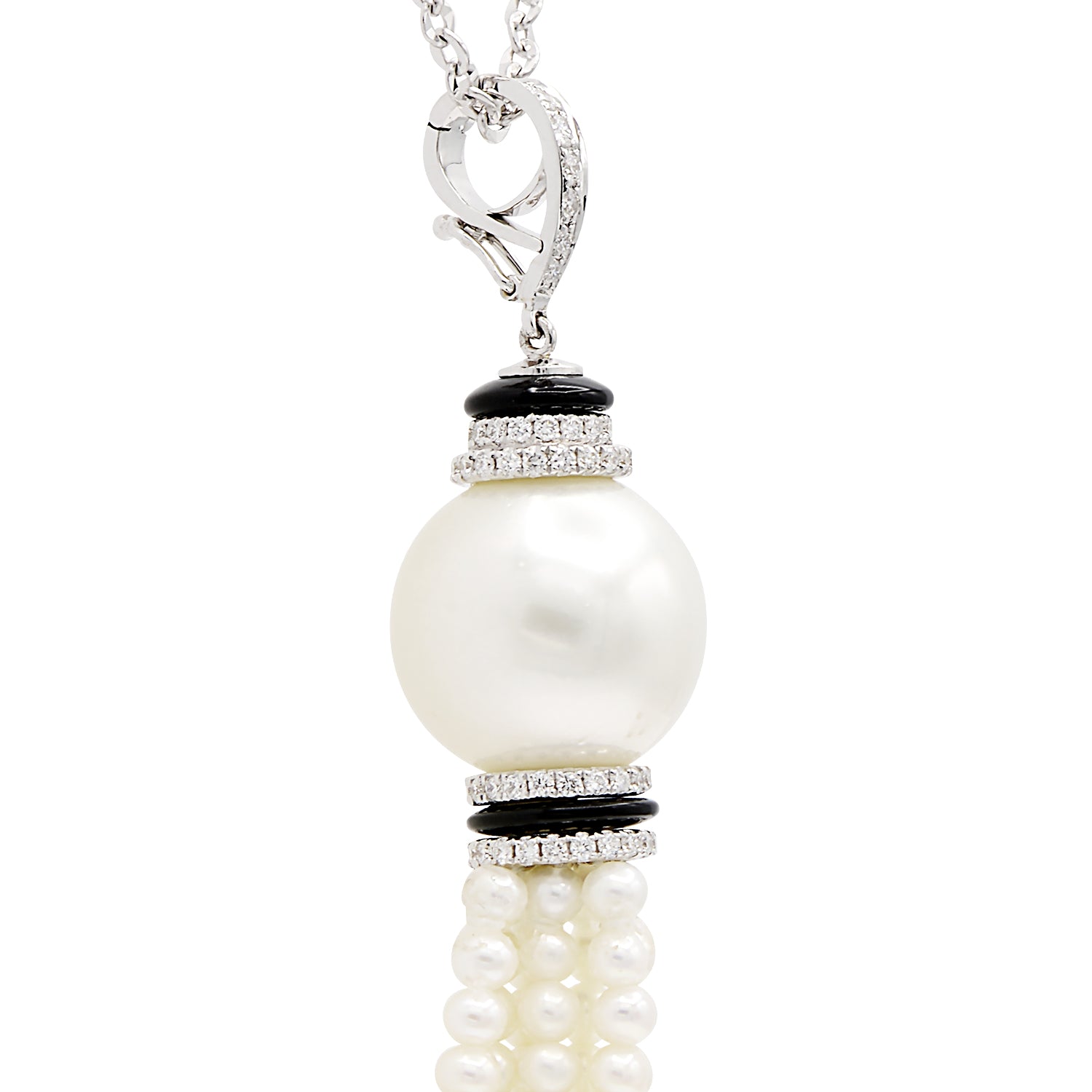 18K White Gold South Sea Pearl Onyx Pendant, 14-15mm, 0.8ct