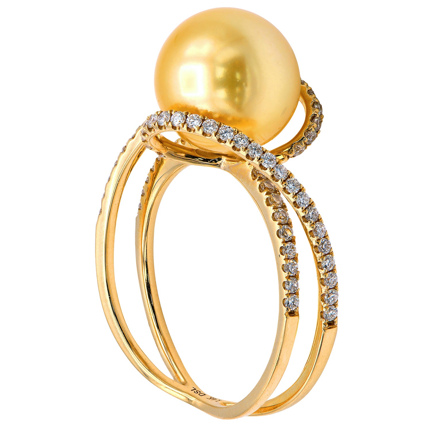 18K Yellow Gold Golden South Sea Pearl Ring, 10-11mm, 0.34ct
