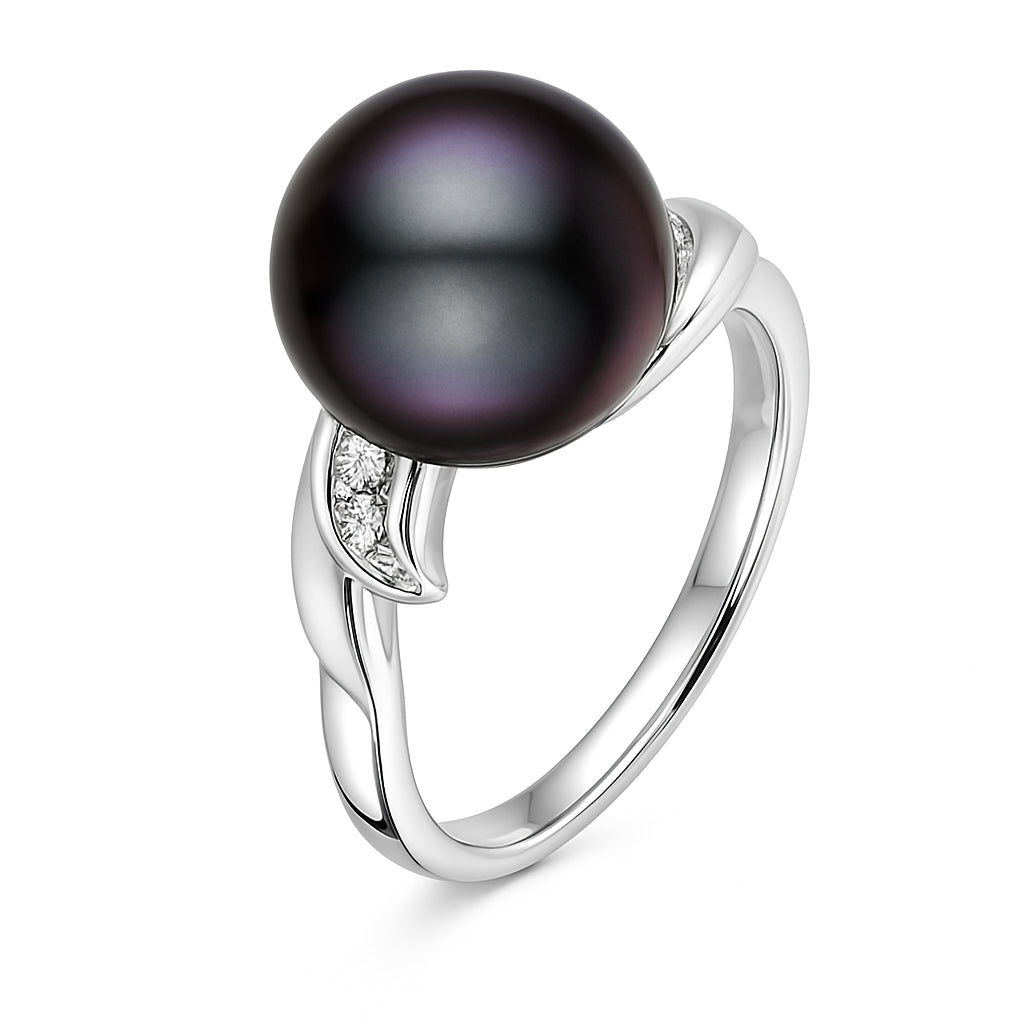 14K White Gold Tahitian Pearl Ring, 10-11mm, 0.05ct