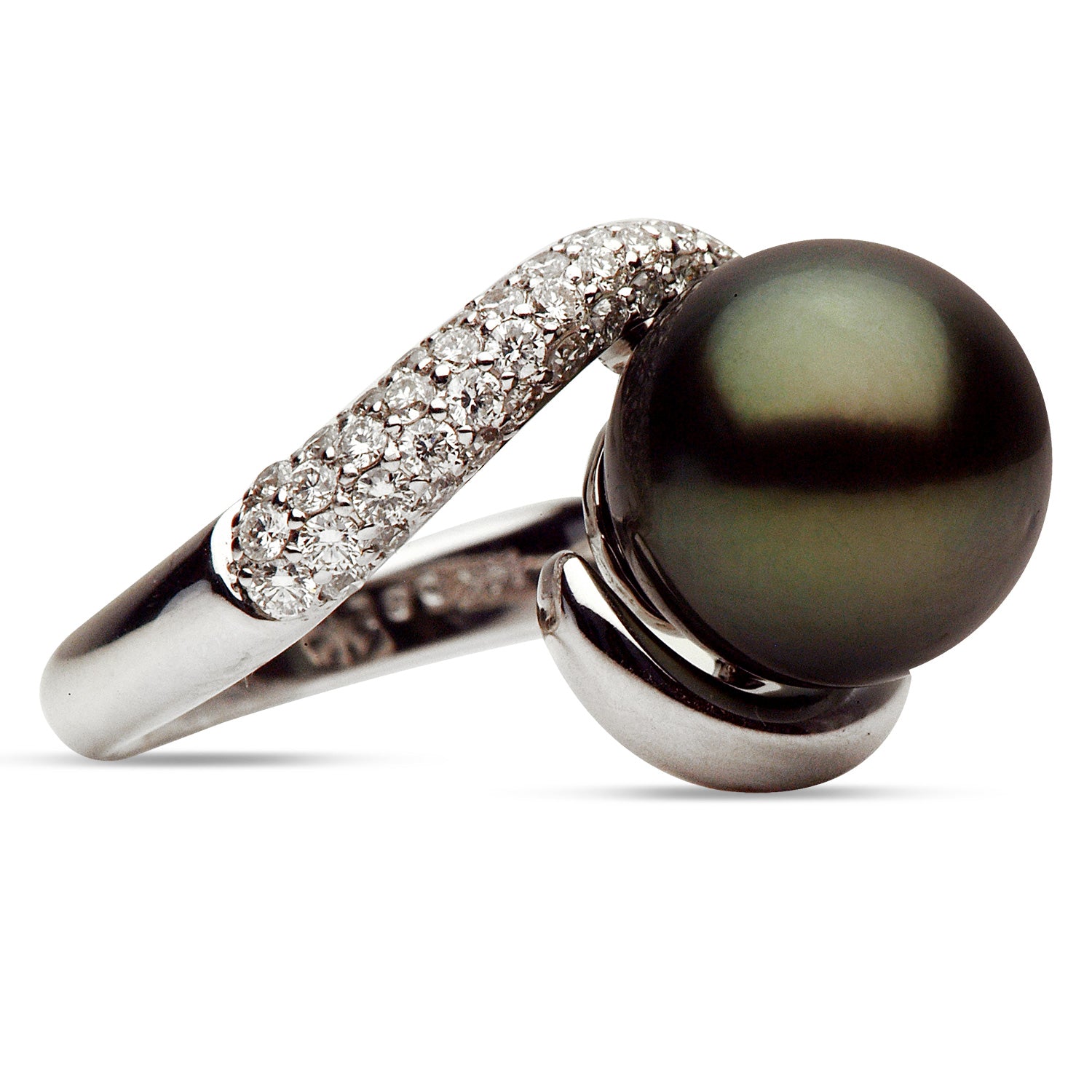 14K White Gold Tahitian Pearl Ring, 11-12mm, 0.44ct