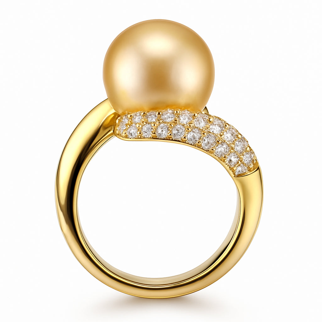 18K Yellow Gold Golden South Sea Pearl Ring, 11-12mm, 0.42ct