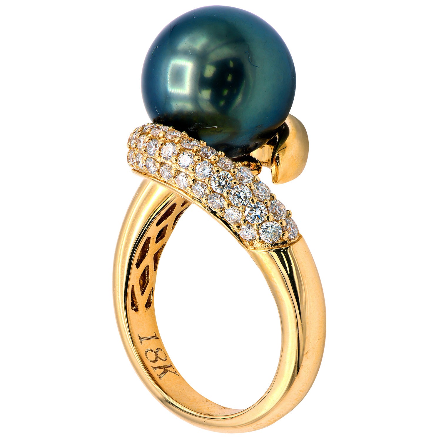 18K Yellow Gold Tahitian Pearl Ring, 11-12mm, 0.42ct