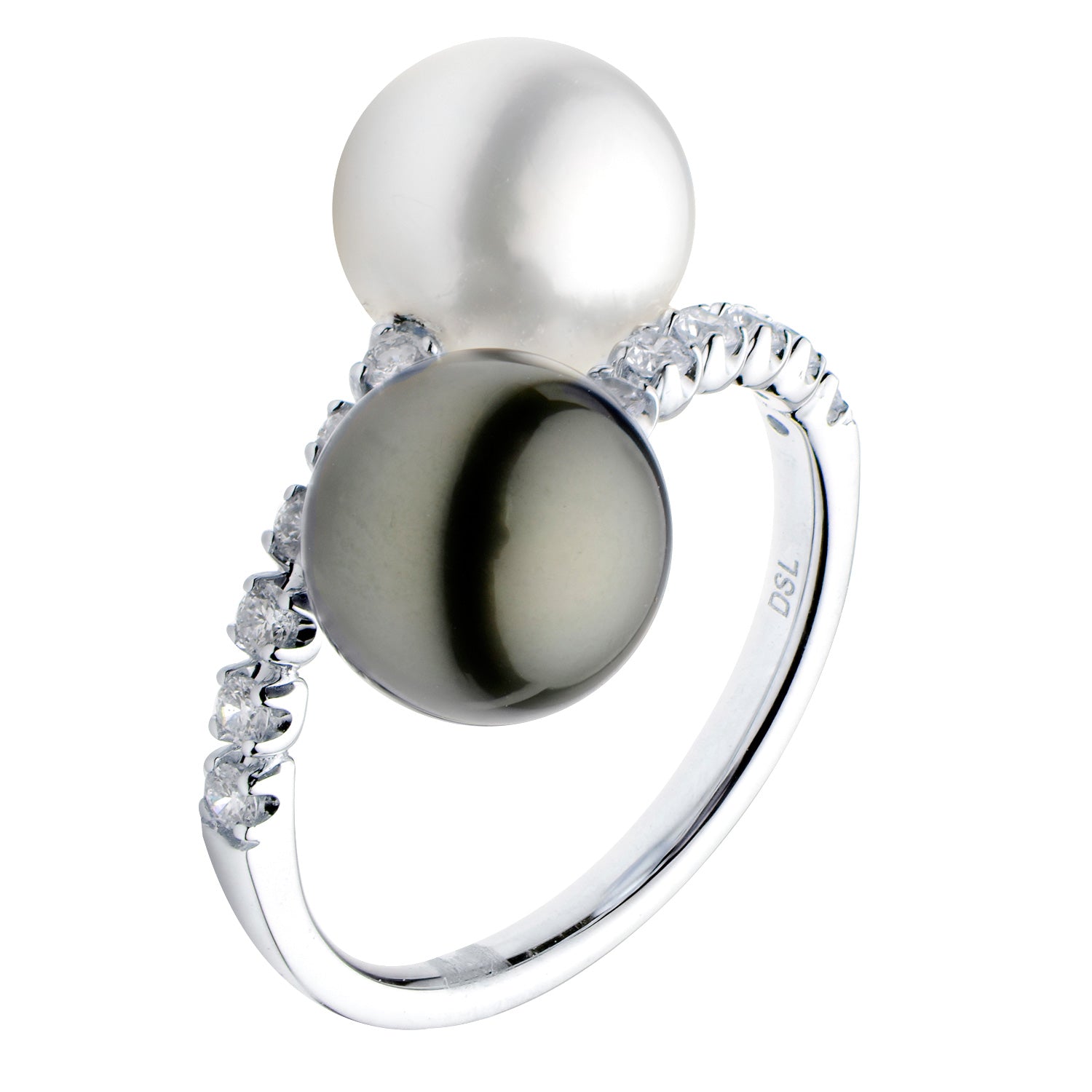 18K White Gold South Sea & Tahitian Pearl Sprial Diamond Ring, 9-10mm