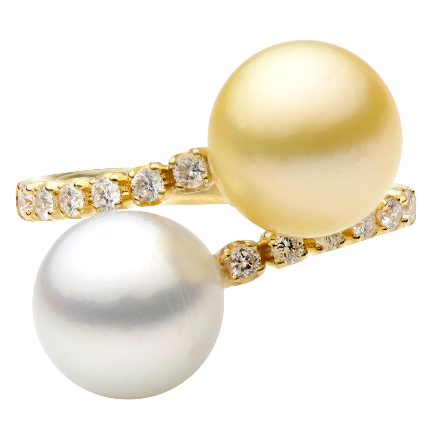 18K Yellow Gold White & Golden South Sea Pearl Spiral Diamond Ring, 14-15mm, 0.23ct