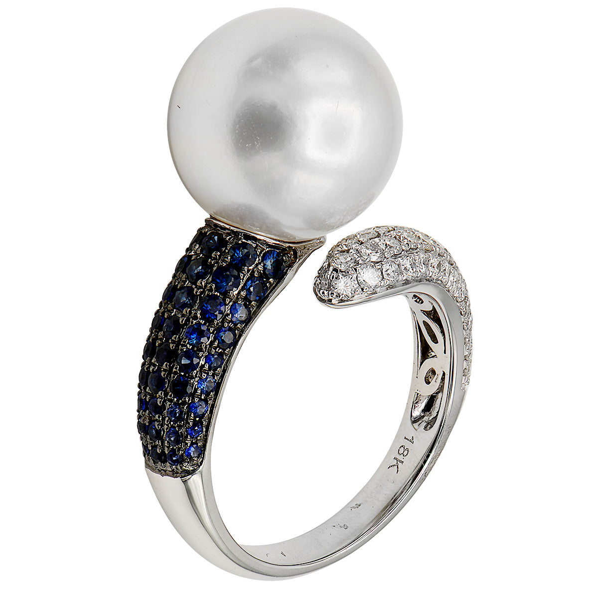 18K White Gold South Sea Pearl & Sapphire Ring, 12-13mm