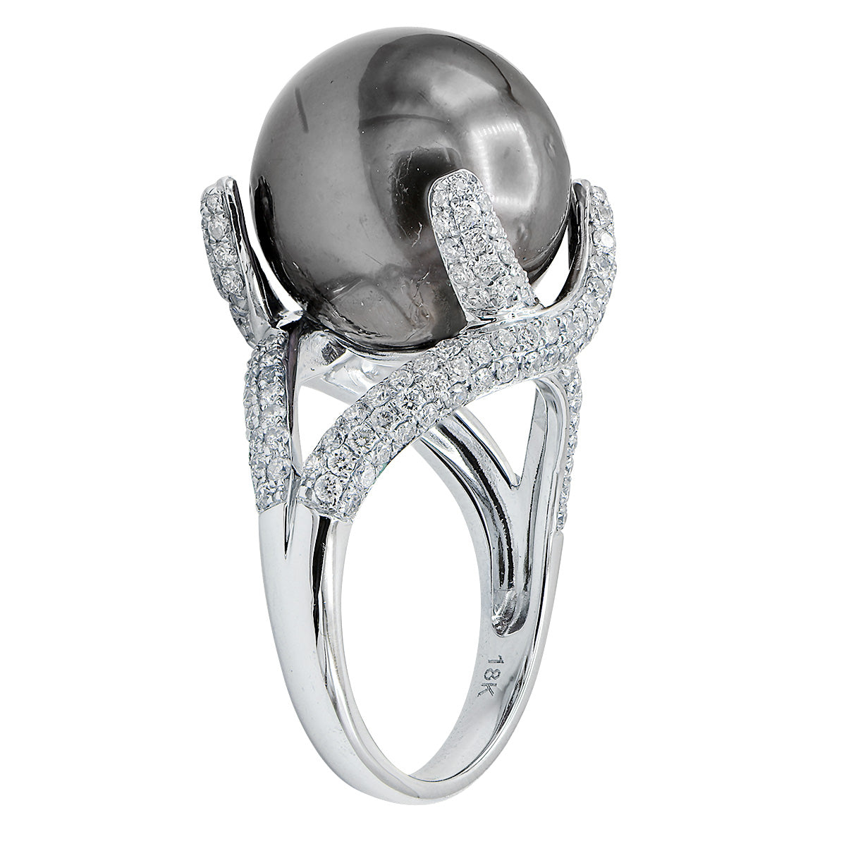 18K White Gold Tahitian Pearl Ring, 13-14mm, 0.9ct