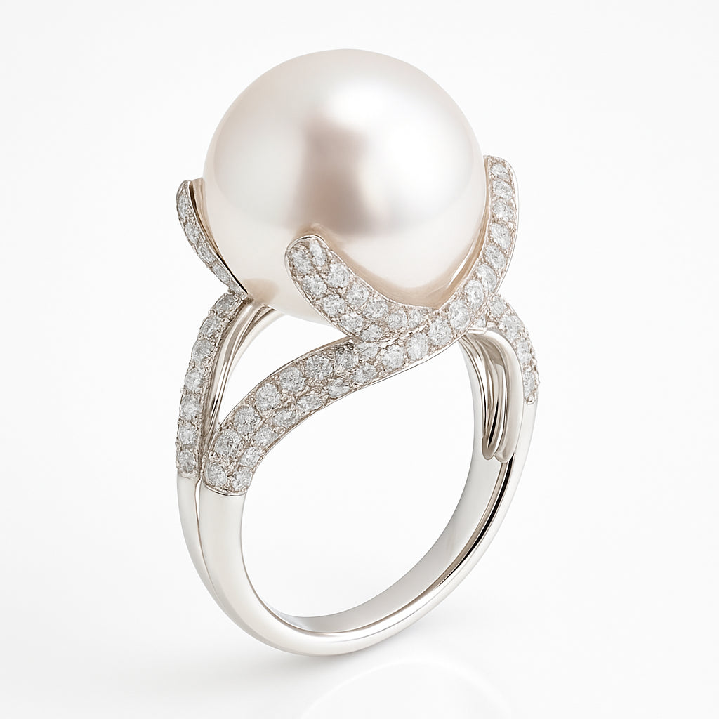 18K White Gold South Sea Pearl Ring, 13-14mm, 0.82ct