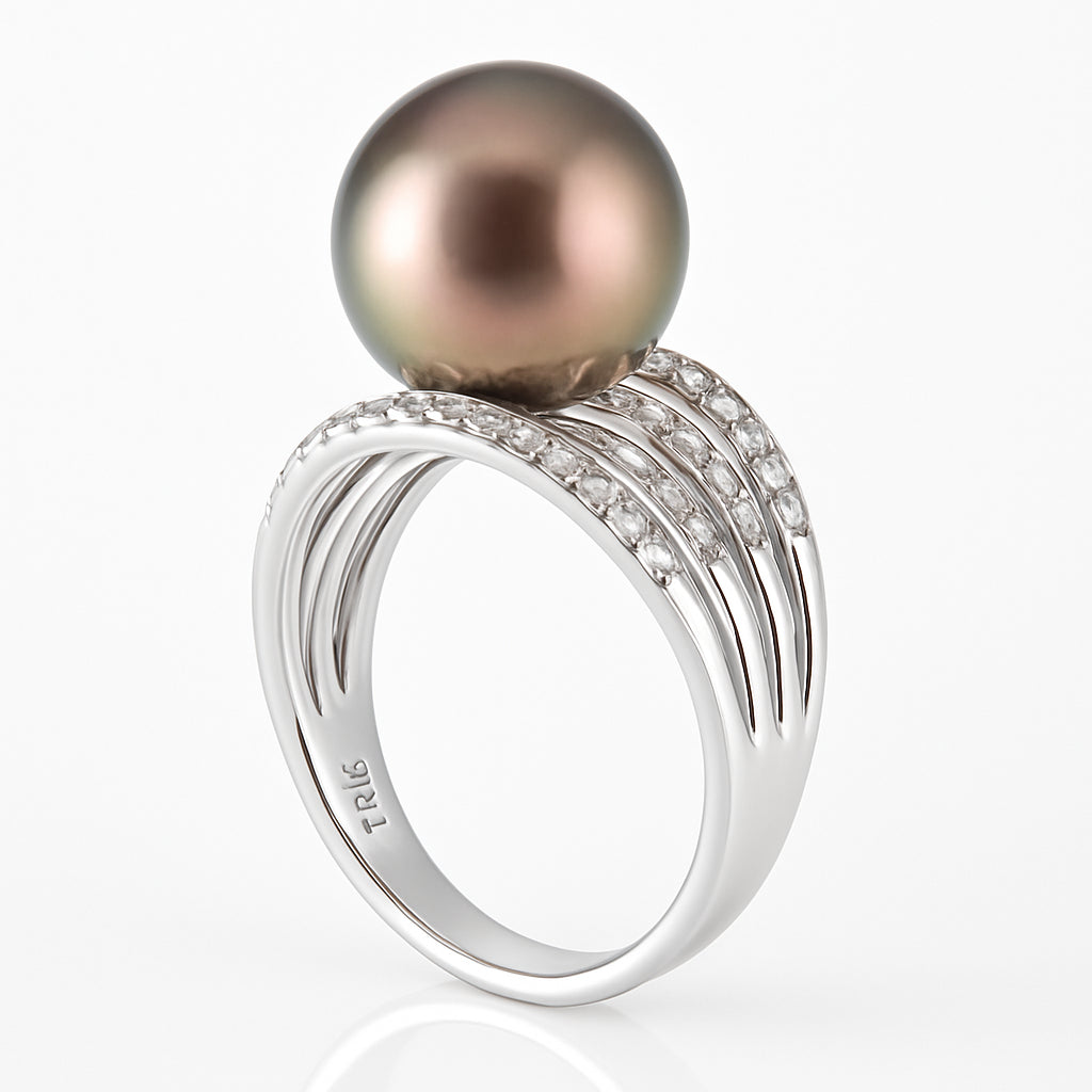 18K White Gold Tahitian Pearl Ring, 10-11mm, 0.33ct