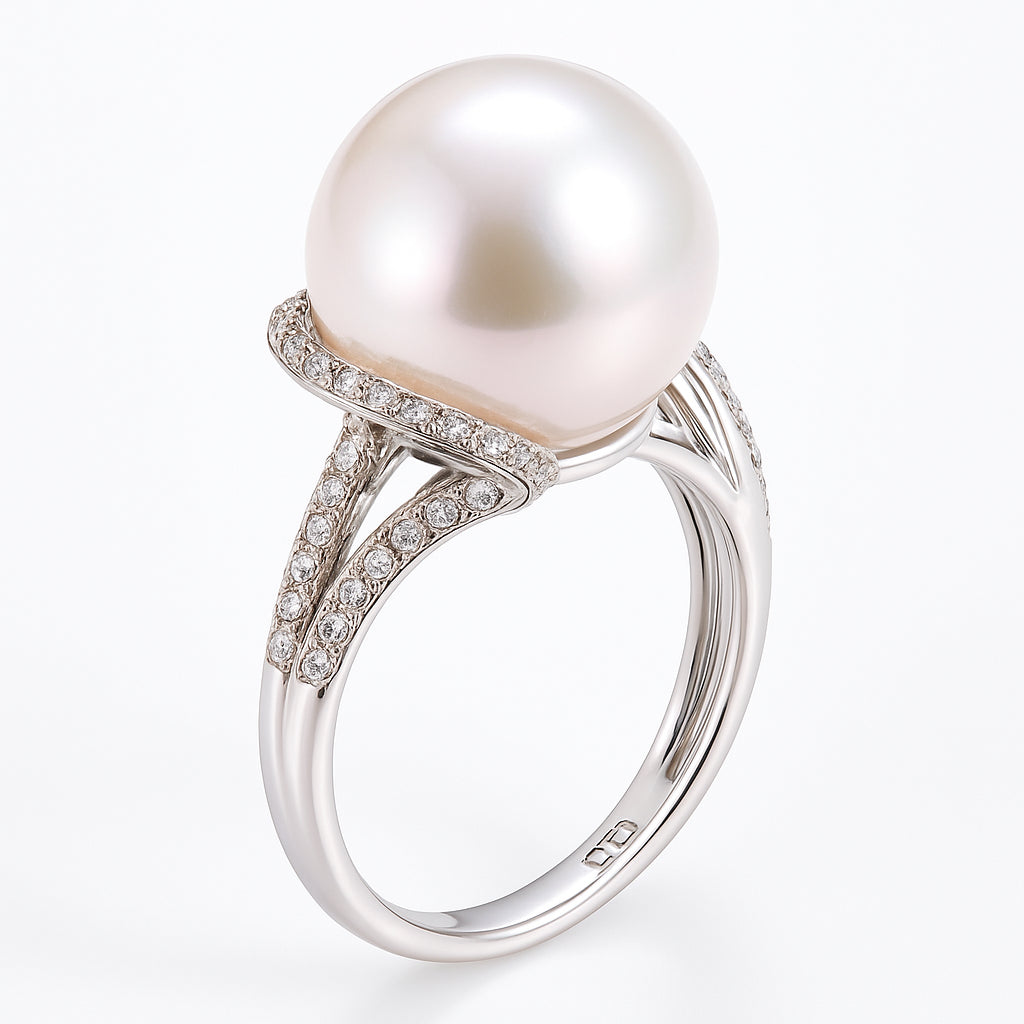 18K White Gold South Sea Pearl Ring, 13-14mm, 0.3ct