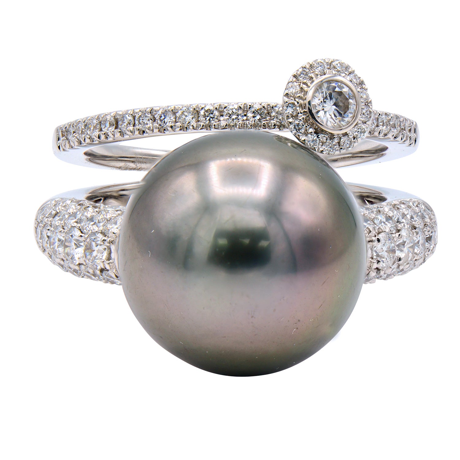 18K White Gold Tahitian Pearl Ring, 13-14mm, 1.28ct