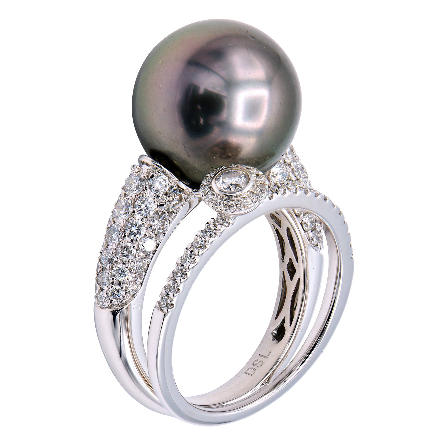 18K White Gold Tahitian Pearl Ring, 13-14mm, 1.28ct