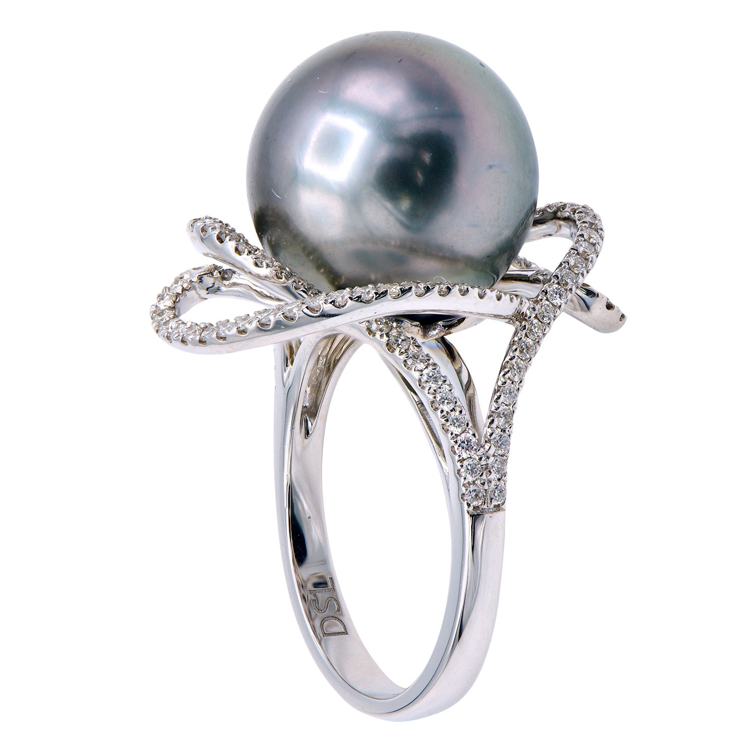 18K White Gold Tahitian Pearl Ring, 13-14mm, 0.47ct