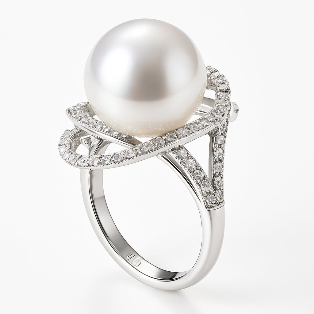 18K White Gold South Sea Pearl Ring, 13-14mm, 0.49ct