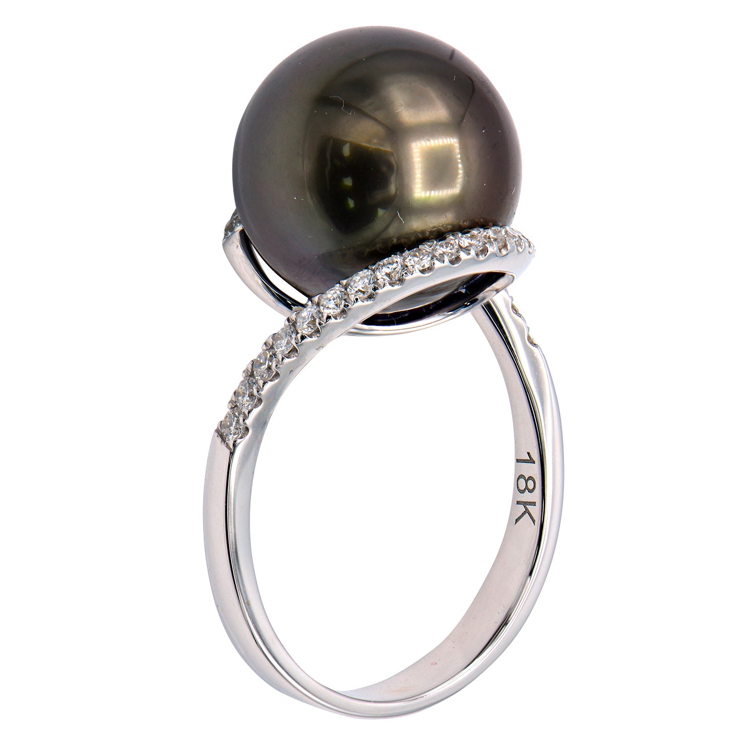 18K White Gold Tahitian Pearl Ring, 13-14mm, 0.32ct