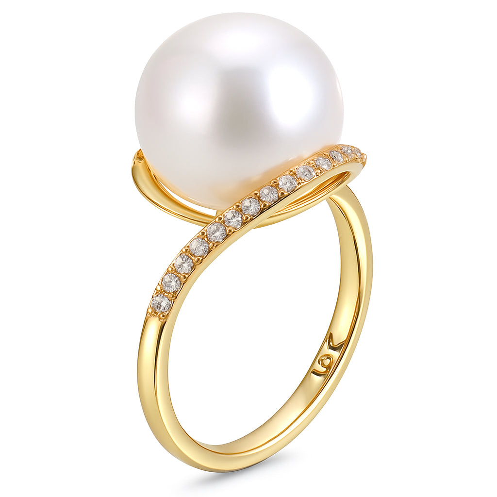 18K Yellow Gold South Sea Pearl Ring, 13-14mm, 0.32ct