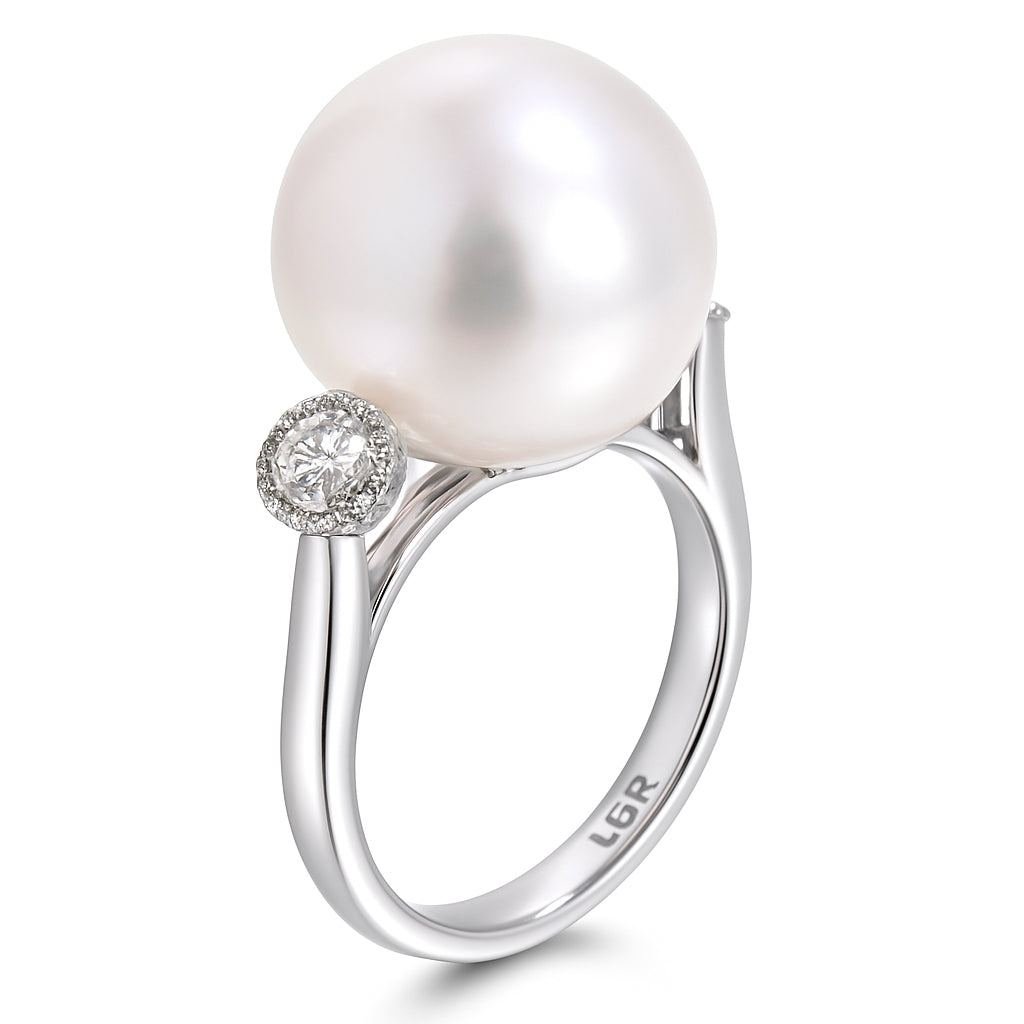 18K White Gold South Sea Pearl Ring, 14-15mm, 0.12ct