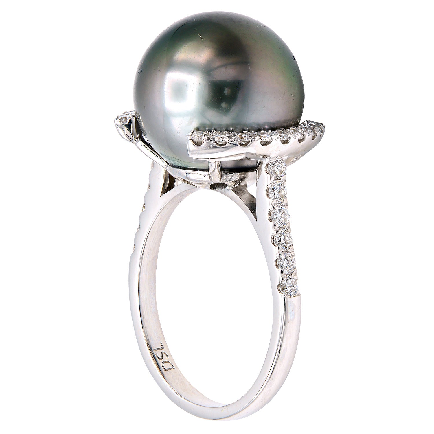 18K White Gold Tahitian Pearl Ring, 13-14mm, 0.53ct