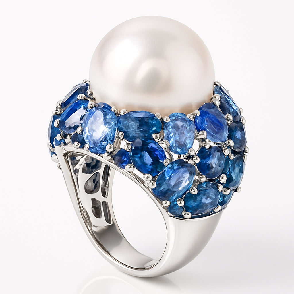 18K White Gold South Sea Pearl Ring with Blue Sapphire, 15-16mm, 14.8ct