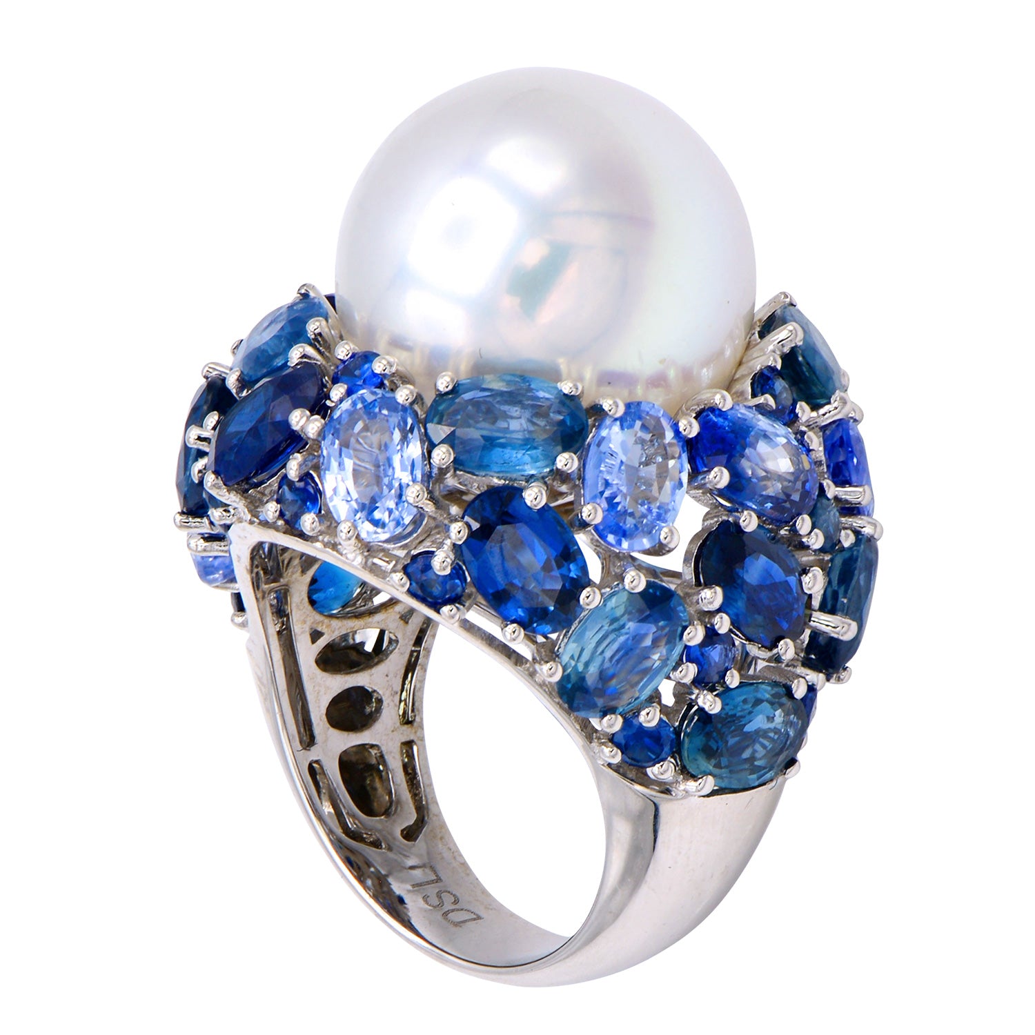 18K White Gold South Sea Pearl Ring with Blue Sapphire, 15-16mm, 14.8ct
