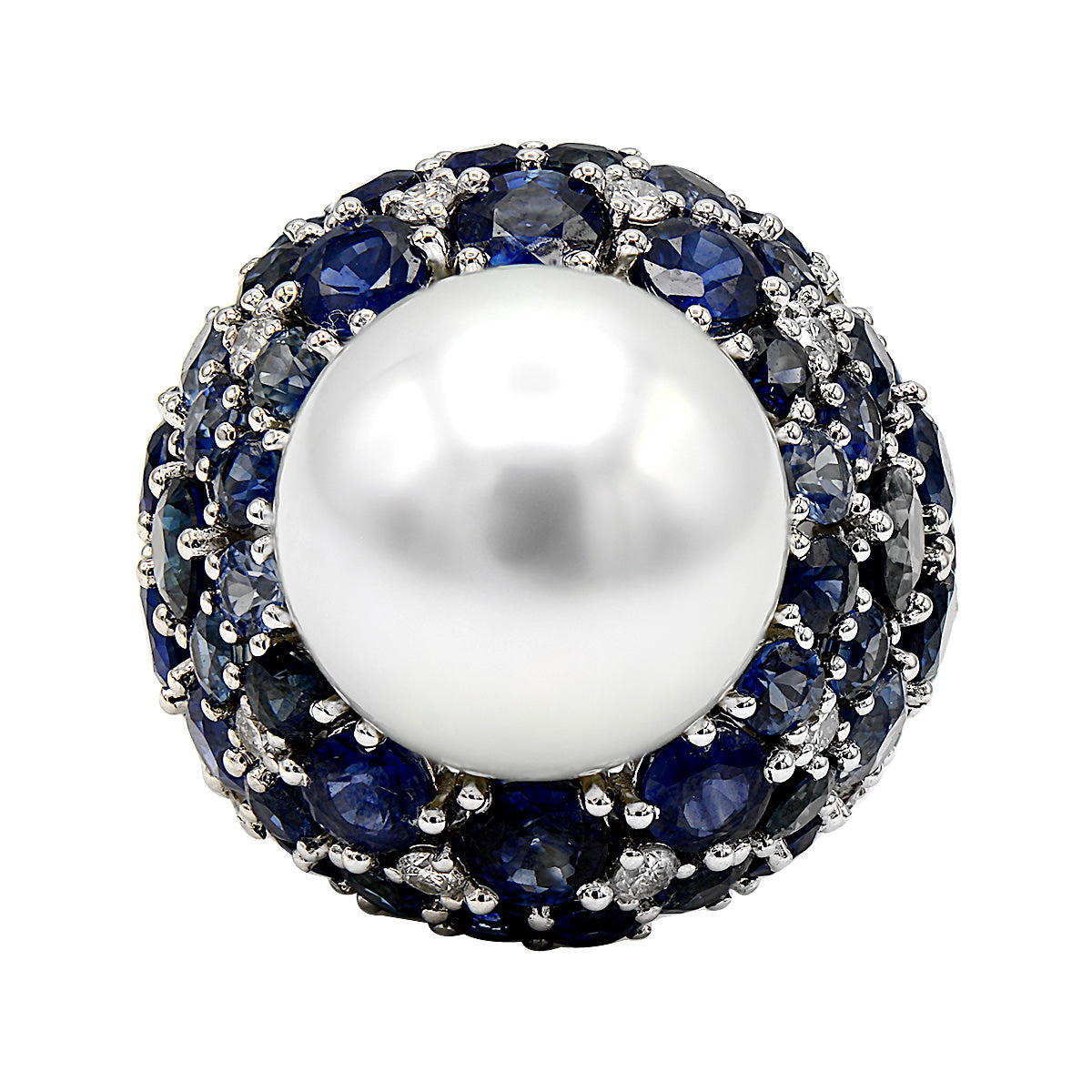 18K White Gold South Sea Pearl Sapphire Ring, 14-15mm, 10ct