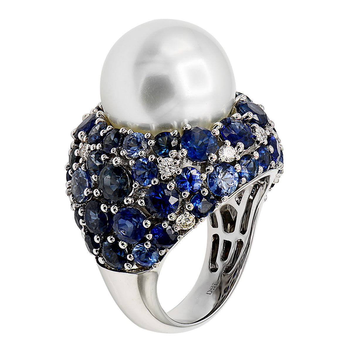 18K White Gold South Sea Pearl Sapphire Ring, 14-15mm, 10ct