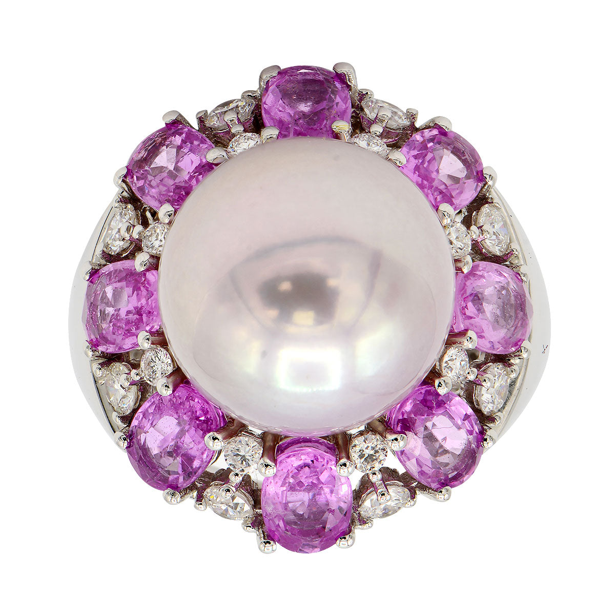 18K White Gold Freshwater Pearl and Sapphire Ring, 13-14mm, 4.67ct