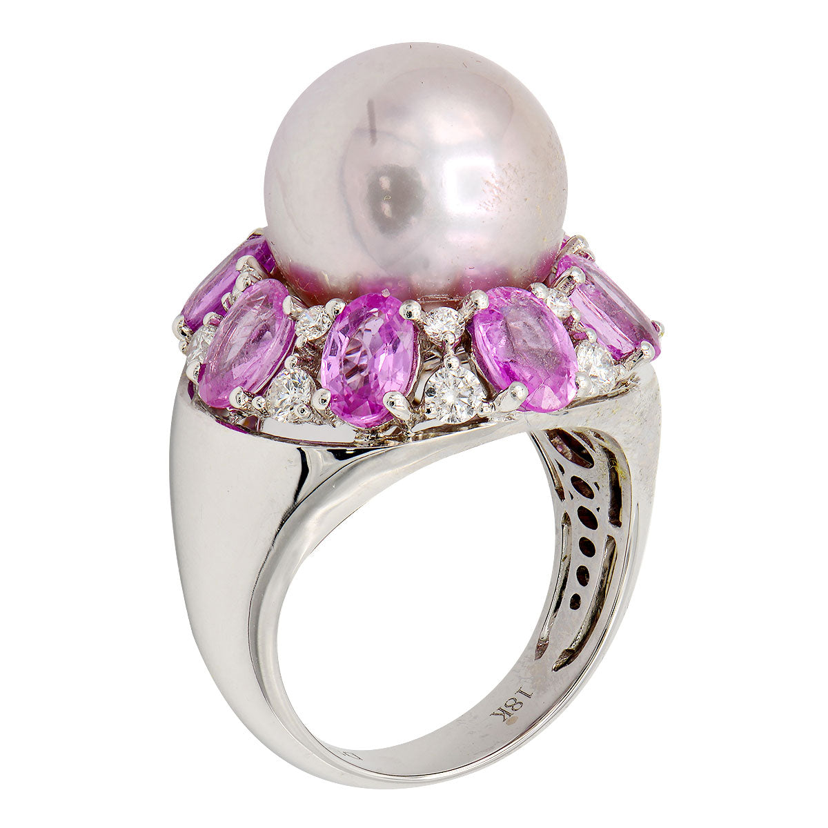 18K White Gold Freshwater Pearl and Sapphire Ring, 13-14mm, 4.67ct