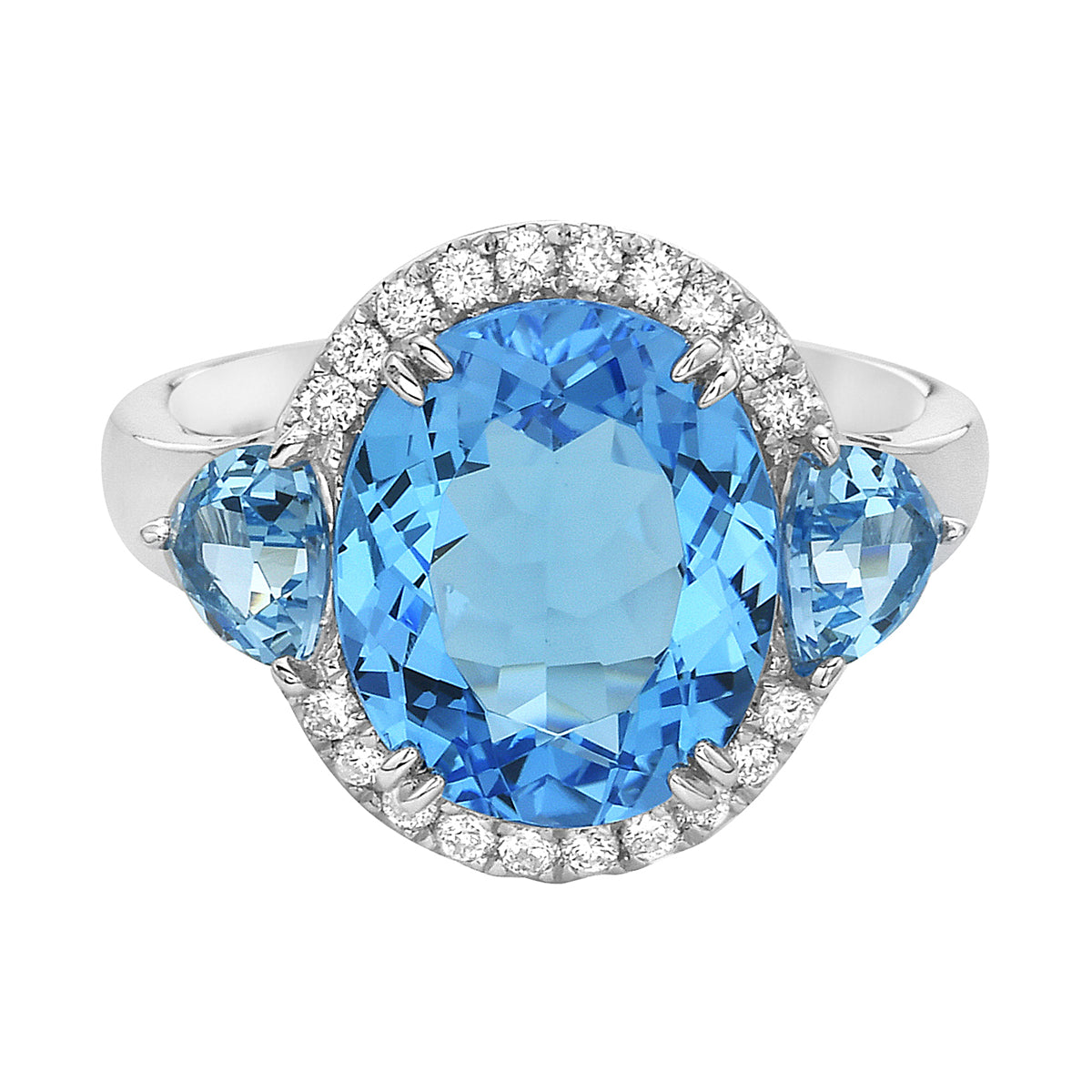 R090008-SBT - Ring 14KW/3.4G 1SWBT-5.41CT 2SWBT -1.05CT 20RD-0.16CT Swiss Blue Topaz