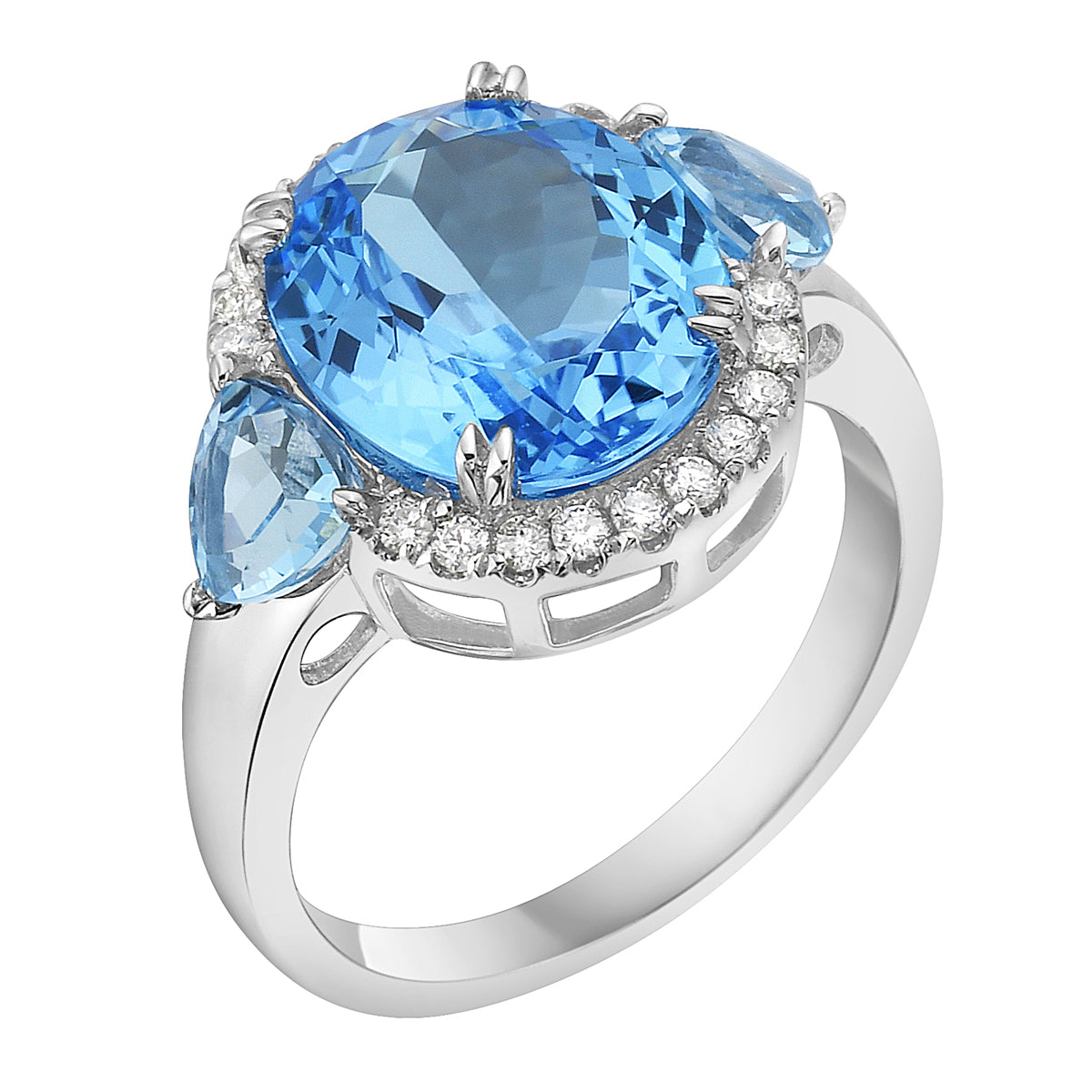 R090008-SBT - Ring 14KW/3.4G 1SWBT-5.41CT 2SWBT -1.05CT 20RD-0.16CT Swiss Blue Topaz