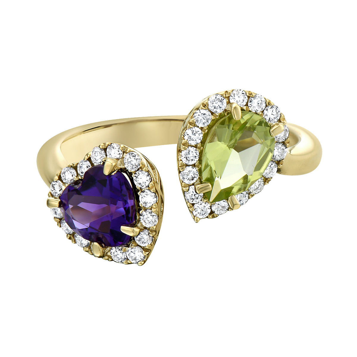 R090010Y-PR/AM - Ring 14KY/3.4G 1PER-0.67CT 1AM-0.77CT 32RD-0.30CT Amethyst and Peridot