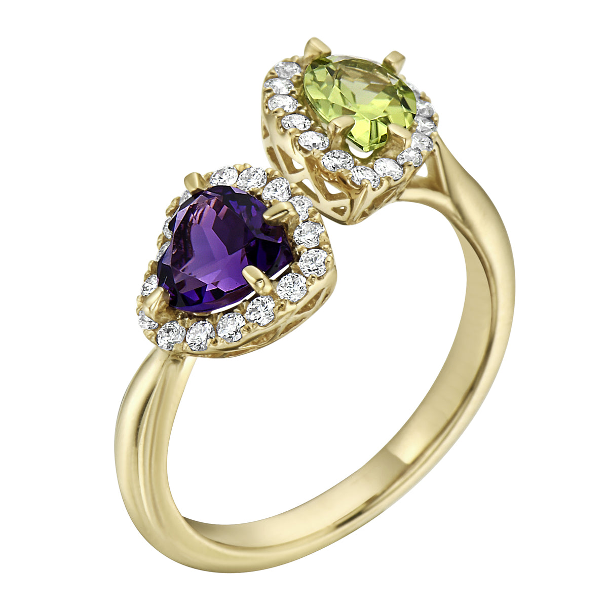 R090010Y-PR/AM - Ring 14KY/3.4G 1PER-0.67CT 1AM-0.77CT 32RD-0.30CT Amethyst and Peridot
