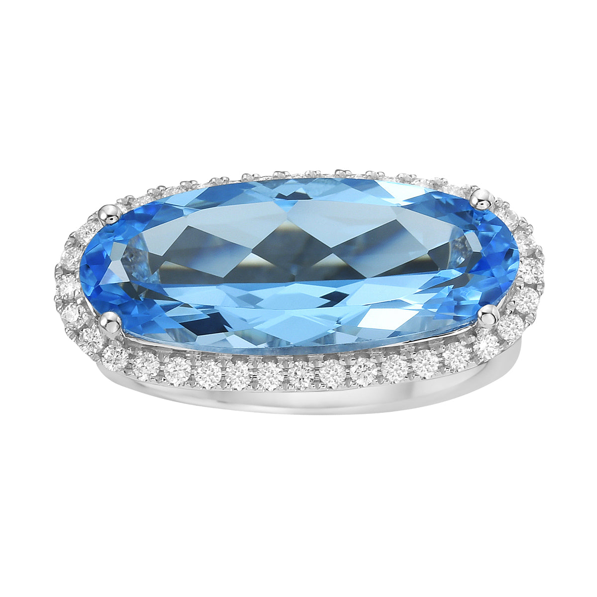 R090012-SWBT - Ring 14KW/3.2G 1SWBT-5.45CT 36RD-0.30CT SwissBlueTopaz