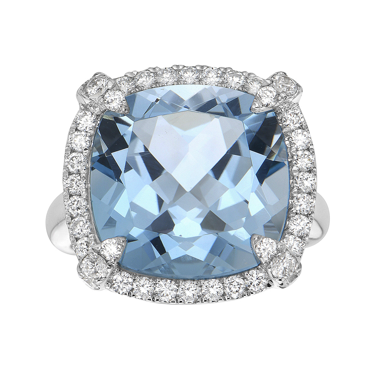 R090013W-SBT - Ring 14KW/5.1G 1SBT-14.36CT 40RD-0.69CT (14MM) Sky Blue Topaz