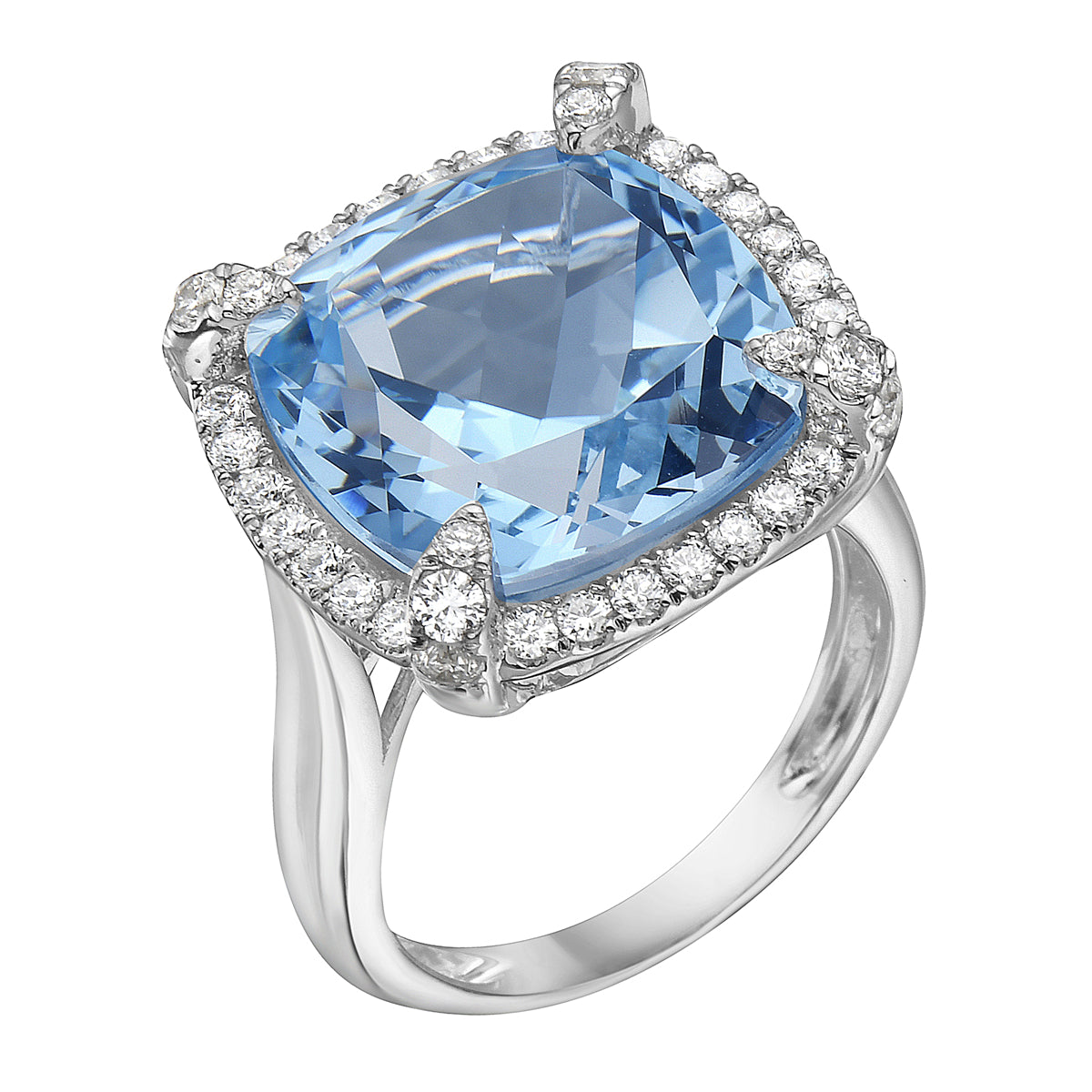 R090013W-SBT - Ring 14KW/5.1G 1SBT-14.36CT 40RD-0.69CT (14MM) Sky Blue Topaz