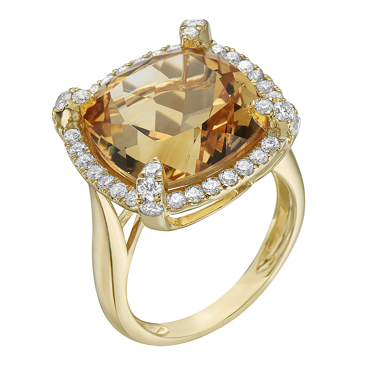 R090013Y-CIT - Ring 14KY/5.3G 1CIT-10.55CT 40RD-0.72CT (14MM) Citrine