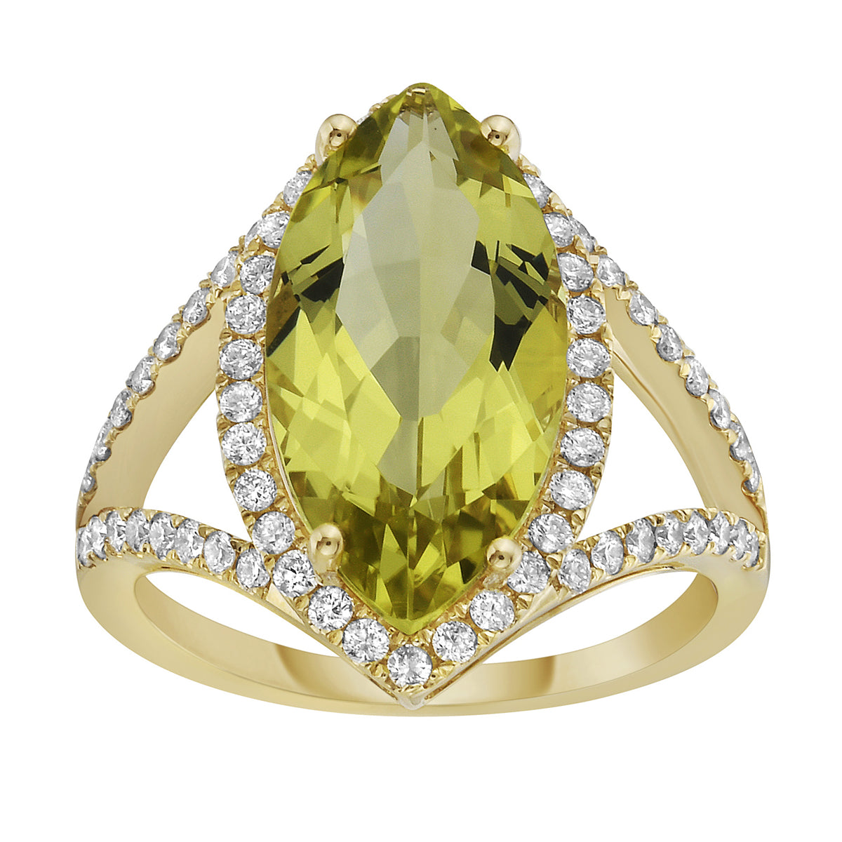 R090014Y-GGQ - Ring 14KY/3.7G 1GGQ-4.55CT 62RD-0.52CT Gold Green Quartz