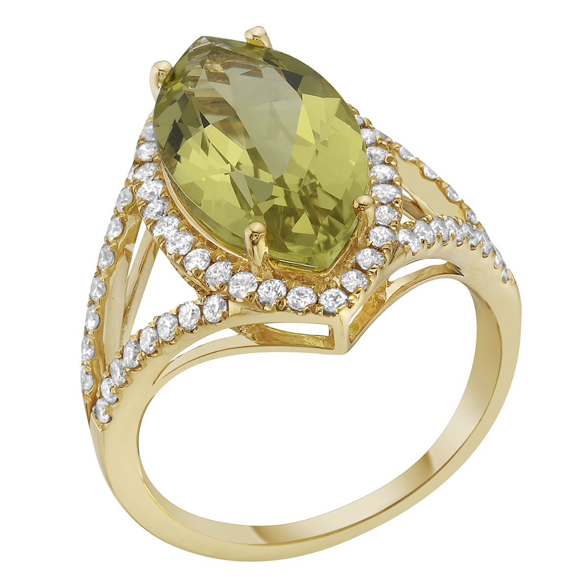 R090014Y-GGQ - Ring 14KY/3.7G 1GGQ-4.55CT 62RD-0.52CT Gold Green Quartz