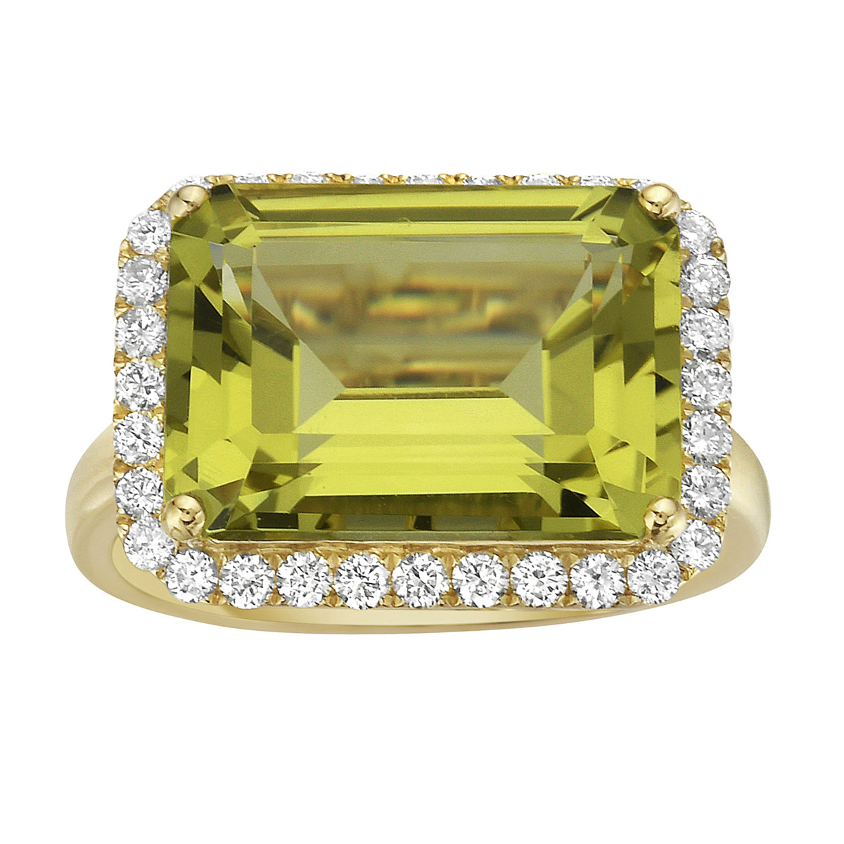 R090016Y-GGQ - Ring 14KY/3.5G 1GGQ-6.88CT 32RD-0.46CT Gold Green Quartz