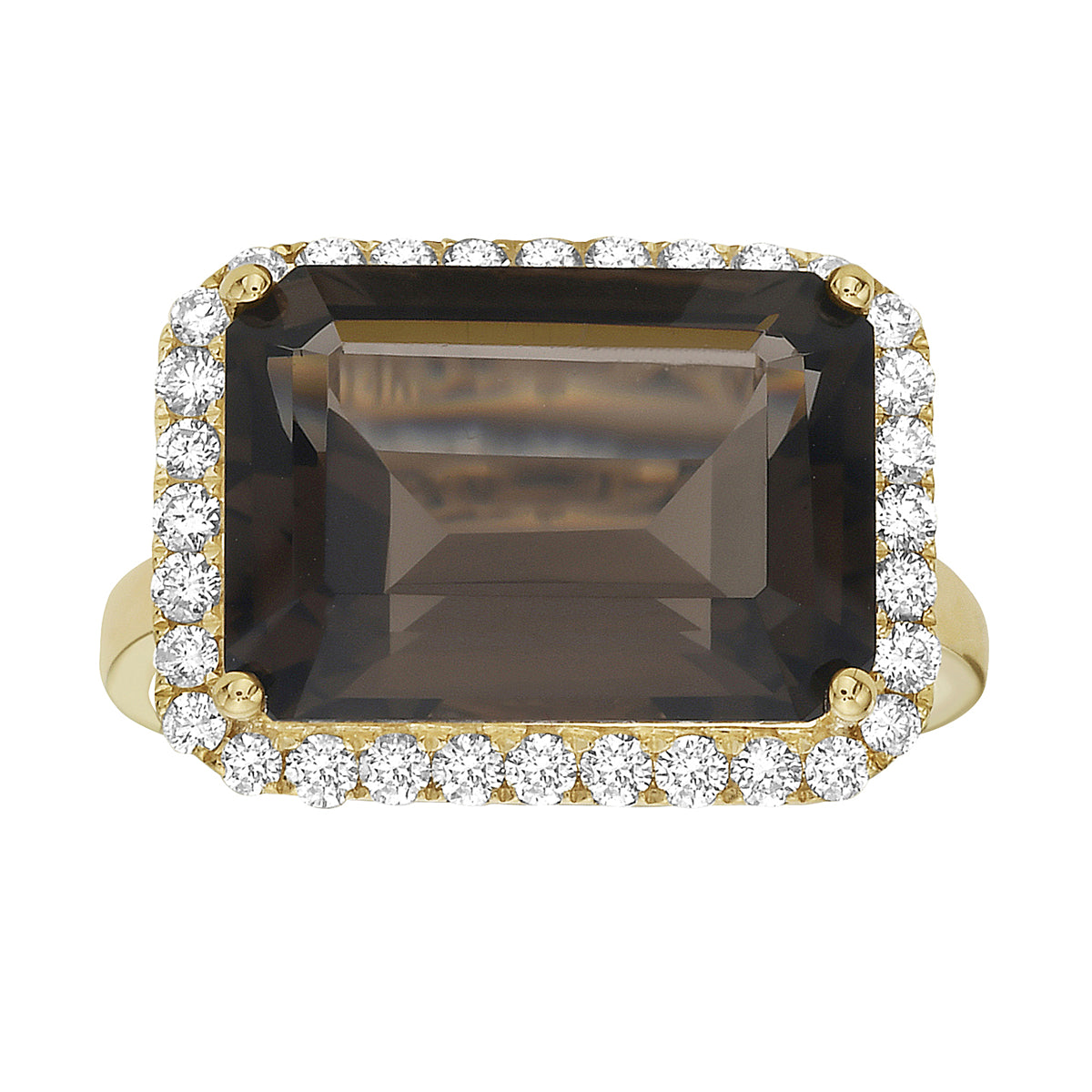 R090016Y-SQ - Ring 14KY/3.5G 1SQ-6.61CT 32RD-0.46CT Smokey Quartz