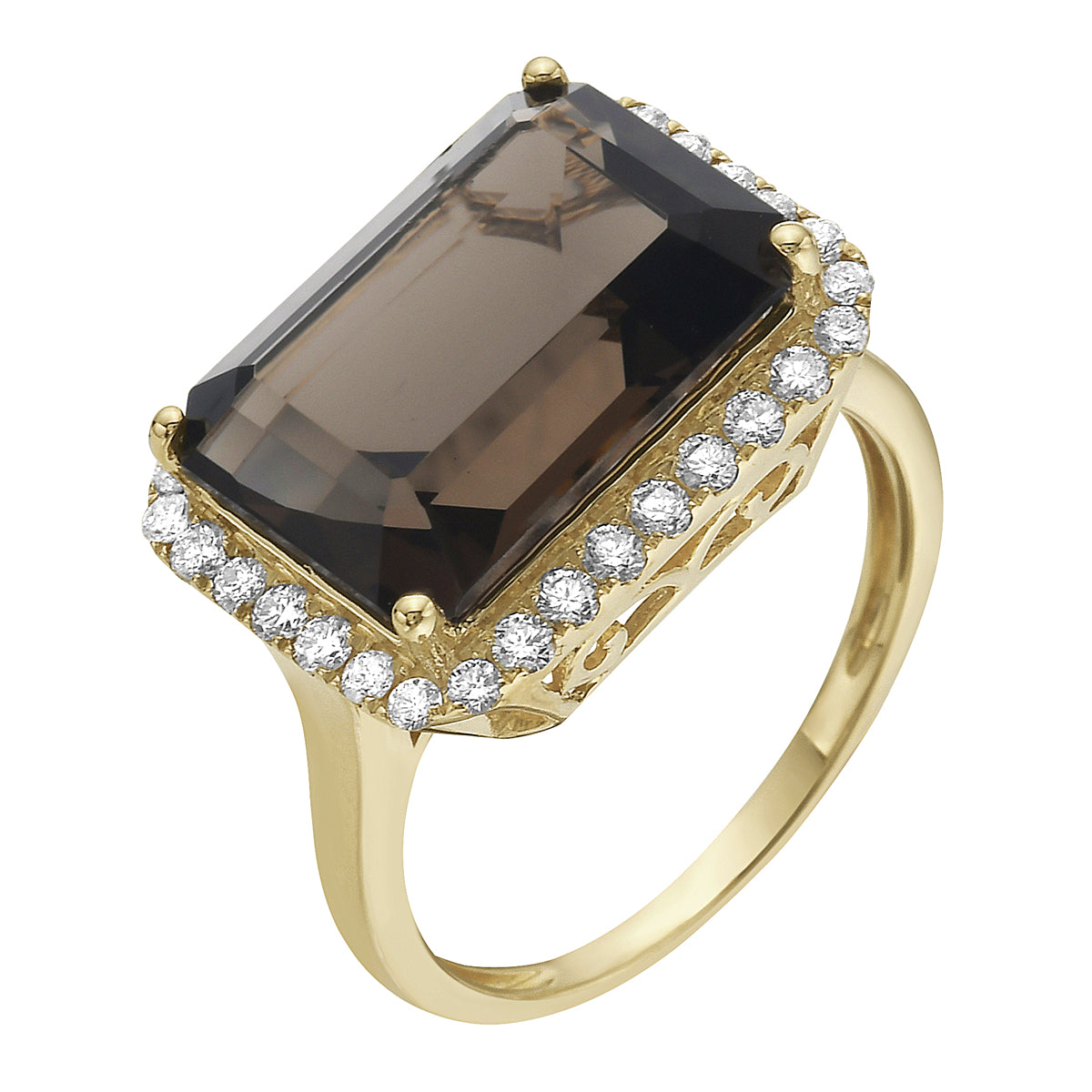 R090016Y-SQ - Ring 14KY/3.5G 1SQ-6.61CT 32RD-0.46CT Smokey Quartz