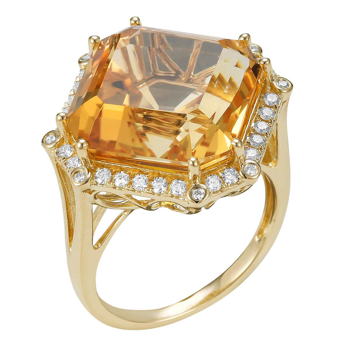 R090018Y-CIT - Ring 14KY/4.1G 1CIT-12.60CT 36RD-0.32CT Citrine