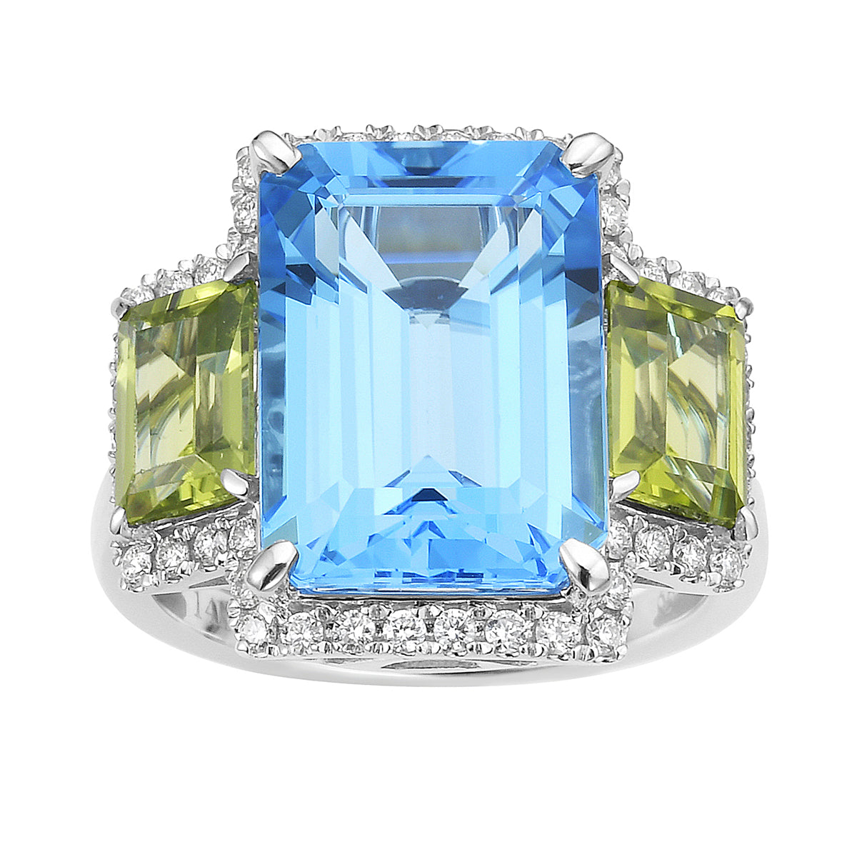 14K White Gold Swiss Blue Topaz Peridot Ring, 11.69ct