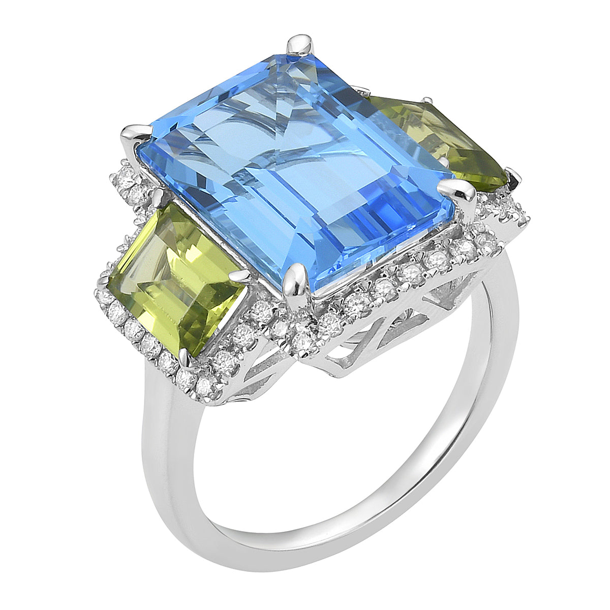 14K White Gold Swiss Blue Topaz Peridot Ring, 11.69ct