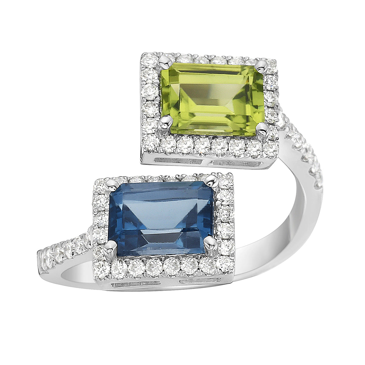 R090021-L/P - Ring 14KW/3.4G 1PER-1.04CT 1LBT-1.41CT 60RD-0.41CT London Blue Topaz & Peridot