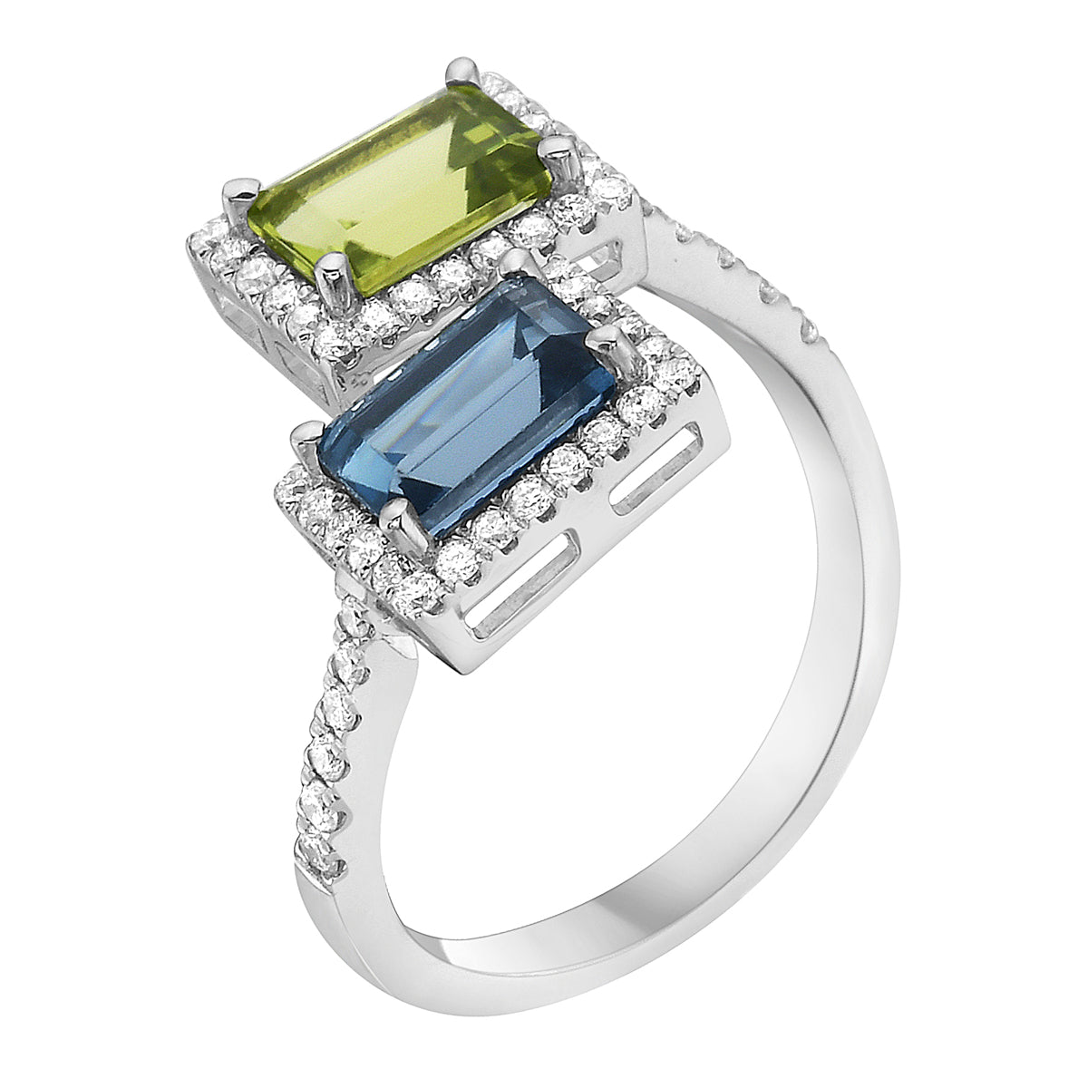 R090021-L/P - Ring 14KW/3.4G 1PER-1.04CT 1LBT-1.41CT 60RD-0.41CT London Blue Topaz & Peridot