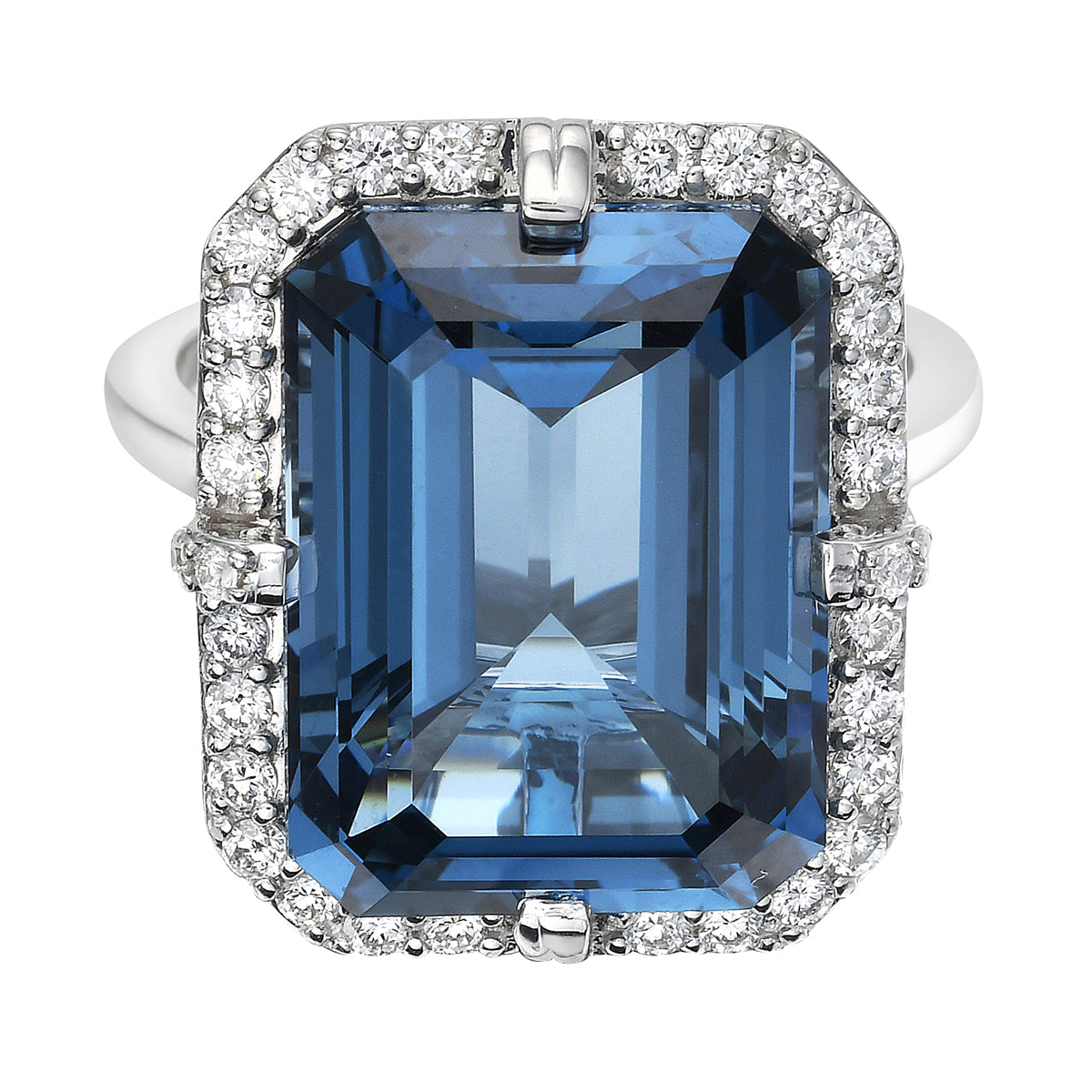 R090030W-LBT - Ring 14KW/4.5G 1LBT-15.00CT 40RD-0.48CT London Blue Topaz