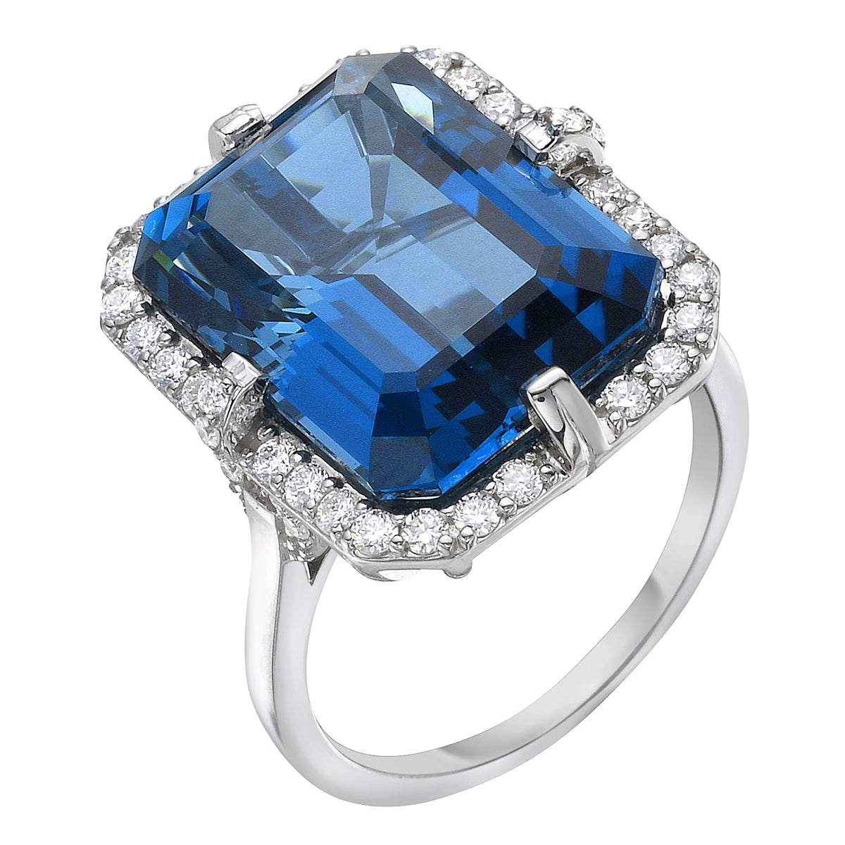 R090030W-LBT - Ring 14KW/4.5G 1LBT-15.00CT 40RD-0.48CT London Blue Topaz