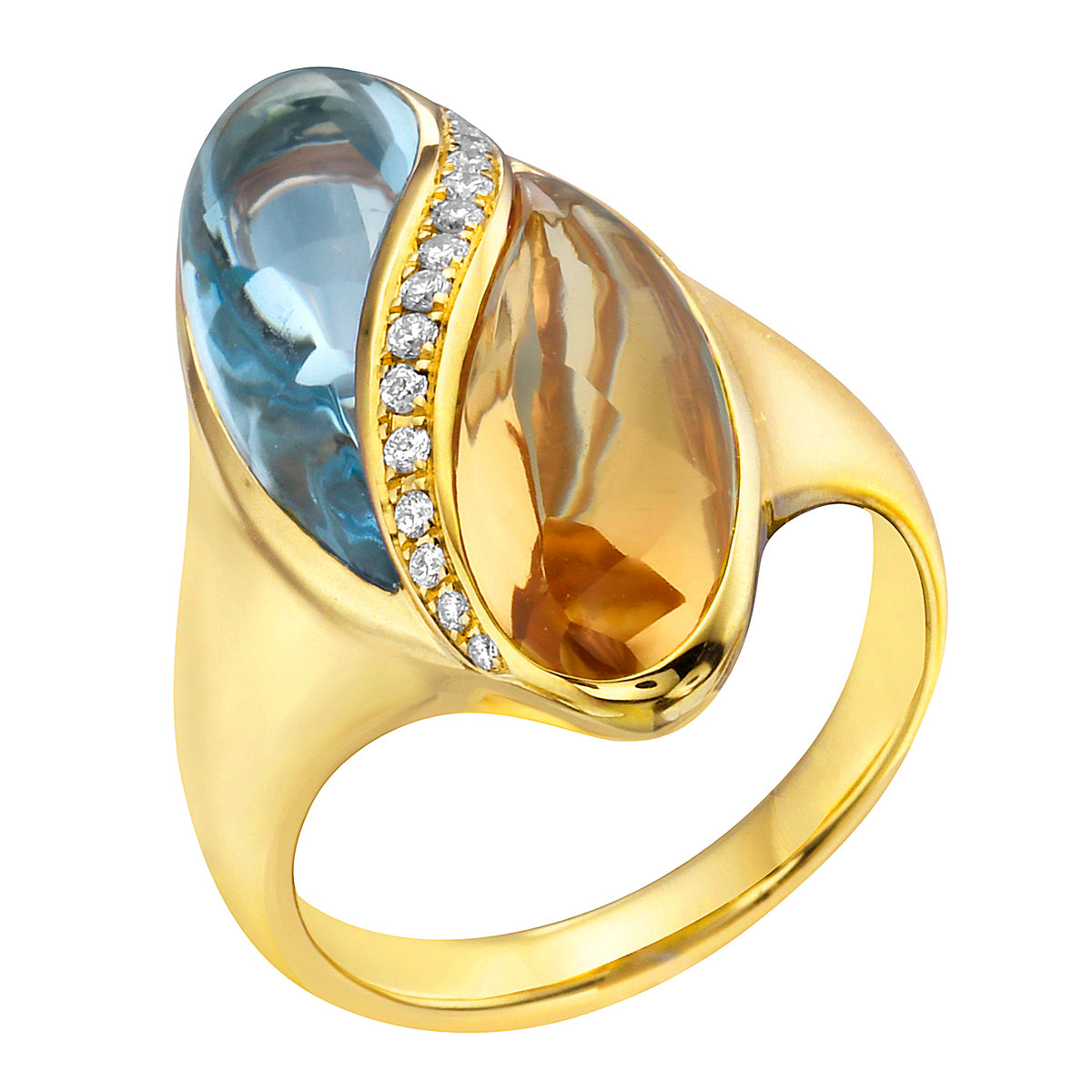 18K Yellow Gold Blue Topaz and Citrine Ring, 8.36ct