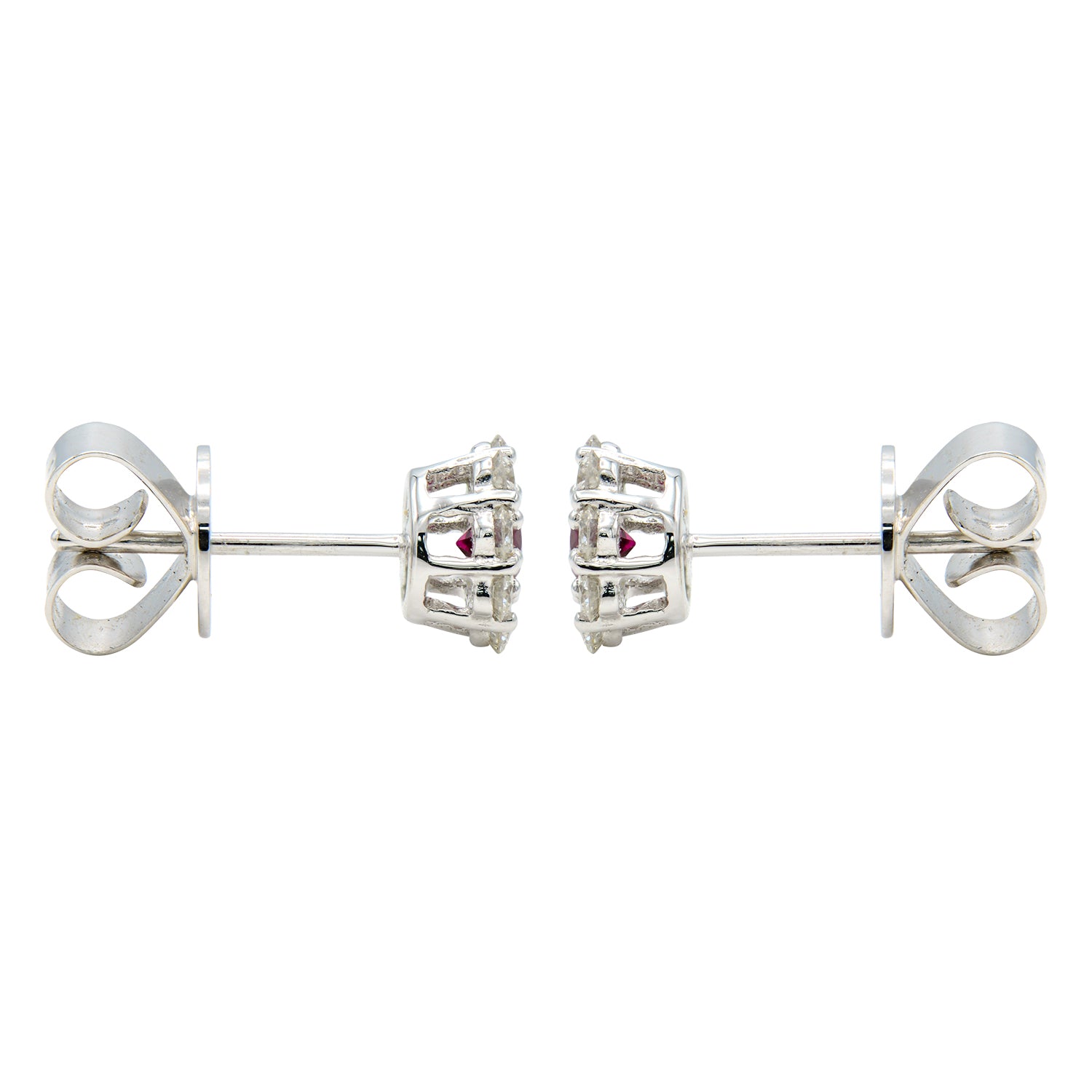 14K White Gold Small Ruby with Diamond Halo Earring, 0.24ct